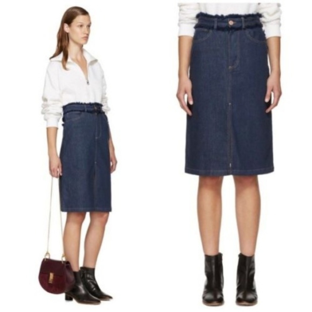 See by Chloe Indigo Blue Denim Fringe Skirt